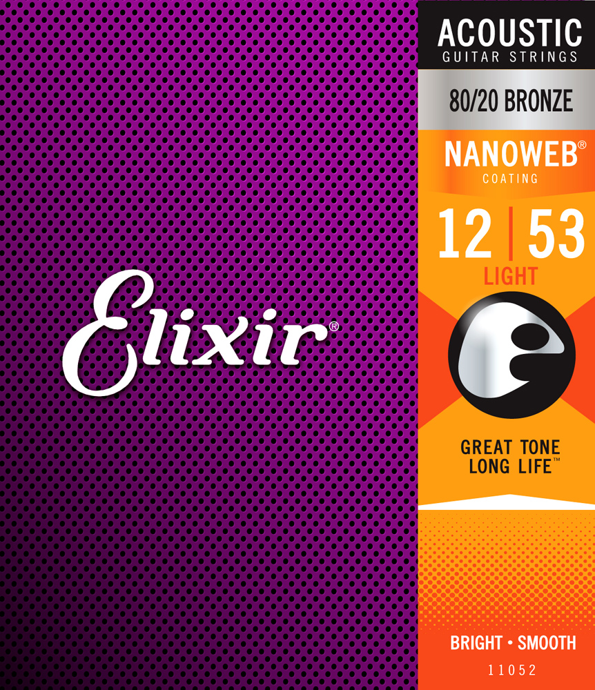 Elixir 11052 Nanoweb 80/20 Bronze Light Acoustic Guitar Strings (12-53)